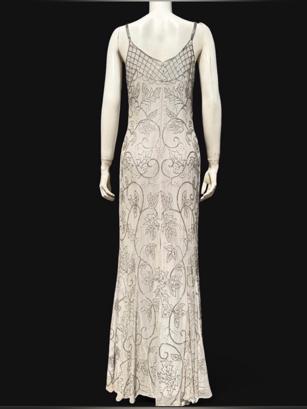 Vintage CACHE BEADED DRESS 100% Silk Gray Metallic Silver Beading Beads LARGE L - Picture 6 of 17